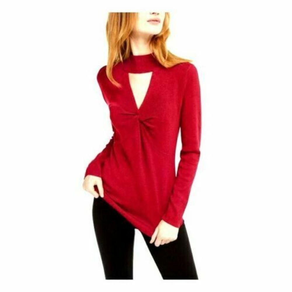 INC Womens Cut Out Long Sleeve Keyhole Red Top